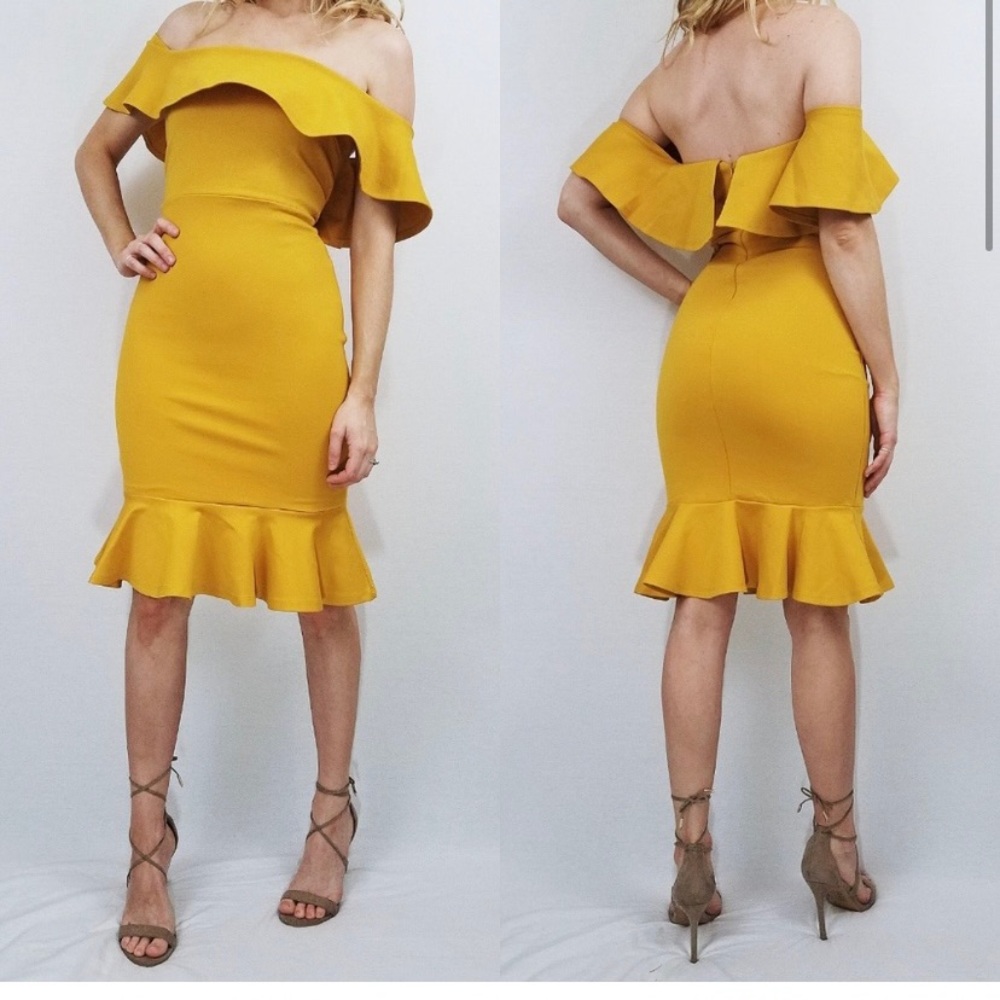 Confidence Boost Mustard Off-the-Shoulder Dress